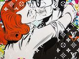 un tableau représentant un homme et une femme s'embrassant devant un fond coloré