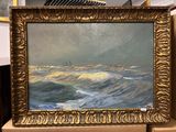 an oil painting of a boat in the ocean in a gold frame