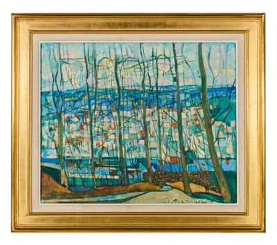 une peinture à l'huile représentant un paysage avec des arbres et une route