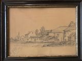 an old picture of a drawing of a farm with a house in the background