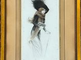 tableau représentant une femme coiffée d'un chapeau et tenant une canne, devant un mur de briques