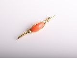 a close up of a gold and coral colored broochle on a white surface