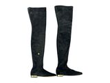 Bottes noires en daim montant au-dessus du genou, avec talon doré