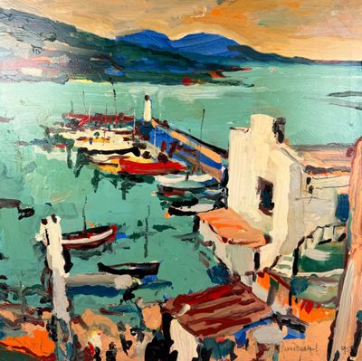 une peinture d'un port avec des bateaux dans l'eau