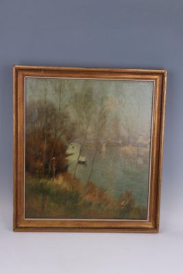an image of a painting of a river scene with a boat in the water