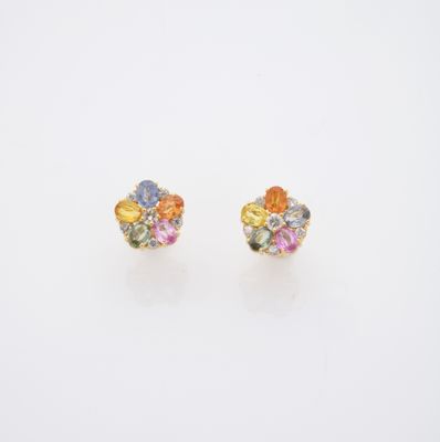 une paire de boucles d'oreilles multicolores sur fond blanc