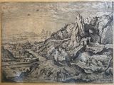 un vieux dessin représentant un paysage de montagne avec une rivière au premier plan