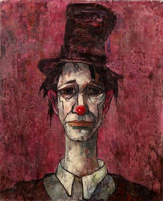 painting of a clown with a top hat and a red nose