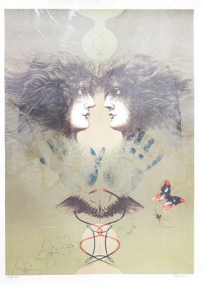 painting of a couple kissing in front of a mirror with a butterfly