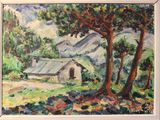 a painting of a house and trees in a field