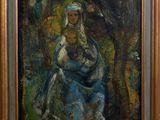 une peinture à l'huile représentant une femme tenant un enfant dans ses bras