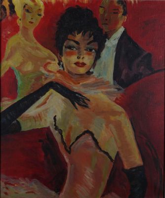 une peinture à l'huile représentant une femme assise sur un canapé rouge à côté de deux hommes