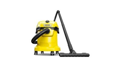 a yellow vacuum cleaner with a black hose on a white background