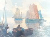 a painting of a group of people on a boat in the water