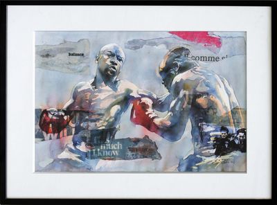 painting of two men with boxing gloves in front of a crowd