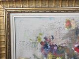 a painting of flowers in a vase on a table