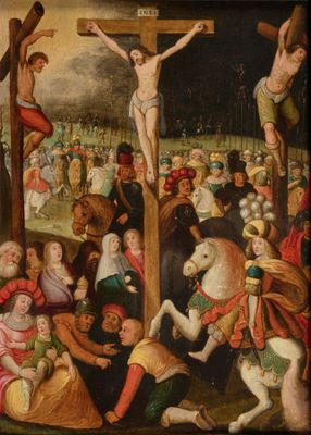 une image d'une peinture de jésus sur la croix avec d'autres personnes