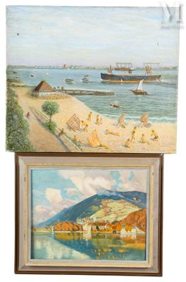 painting of a beach scene and a painting of a boat on the water