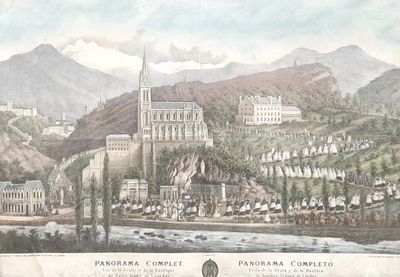 un dessin représentant une vue d'une ville avec une montagne en arrière-plan