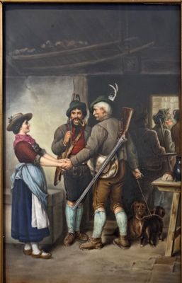 a painting of a man shaking hands with a woman