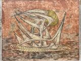 tableau représentant une femme dans un bateau sur un plan d'eau