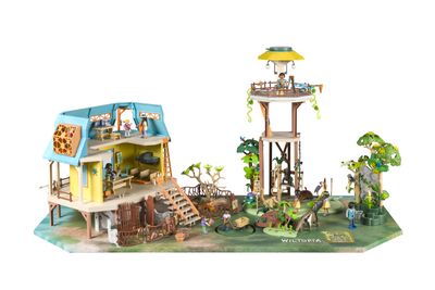 une maisonnette avec une tour et une cabane dans les arbres