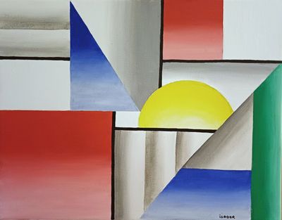 peinture représentant une peinture d'un coucher de soleil sur un paysage coloré