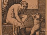 drawing of a woman and a child in a bathroom with a dog