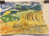 une aquarelle représentant une scène de vie à la ferme avec une charrue