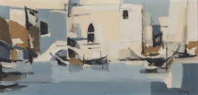 peinture de bateaux dans un port avec des bâtiments en arrière-plan
