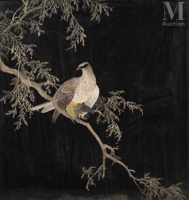 JAPON, Epoque Meiji Ensemble de deux panneaux en soie brodée…
