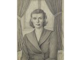 drawing of a woman in a suit sitting in front of a window