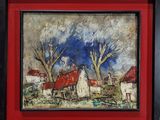 un tableau représentant un village avec un toit rouge et des arbres au premier plan