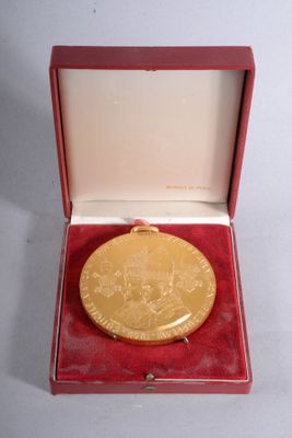 an image of a gold medal in a red box on a white surface