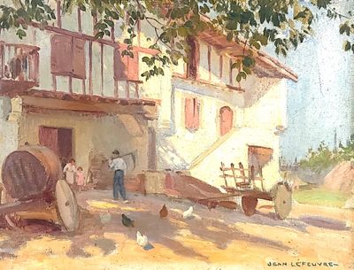 a painting of a man and a woman standing outside of a building