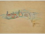 un vieux dessin représentant un village avec une montagne en arrière-plan