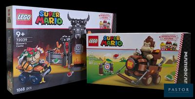 two boxes of lego super marios and a box of legos