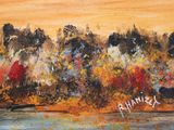 an oil painting of a landscape with a river and trees