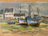 a painting of two boats on the shore of a town