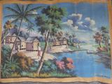 painting of a village by a river with a man on a boat