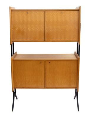 an image of a wooden bench with two doors on each side