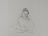 drawing of a man sitting at a table with his head in his hands