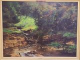a painting of a stream running through a wooded area