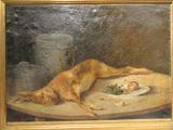 a painting of a dog laying on a table next to a plate of food