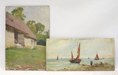 two paintings of boats on a beach next to a house