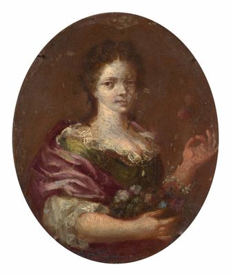 un tableau représentant une femme tenant un bouquet de fleurs à la main