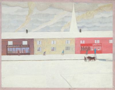a painting of a horse drawn carriage on a snowy street
