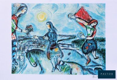 un tableau représentant deux femmes et un chien sur un pont