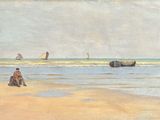 une image représentant un tableau où l'on voit un homme assis sur une plage à côté d'un bateau