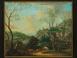 une image représentant un tableau représentant un paysage avec du bétail au premier plan